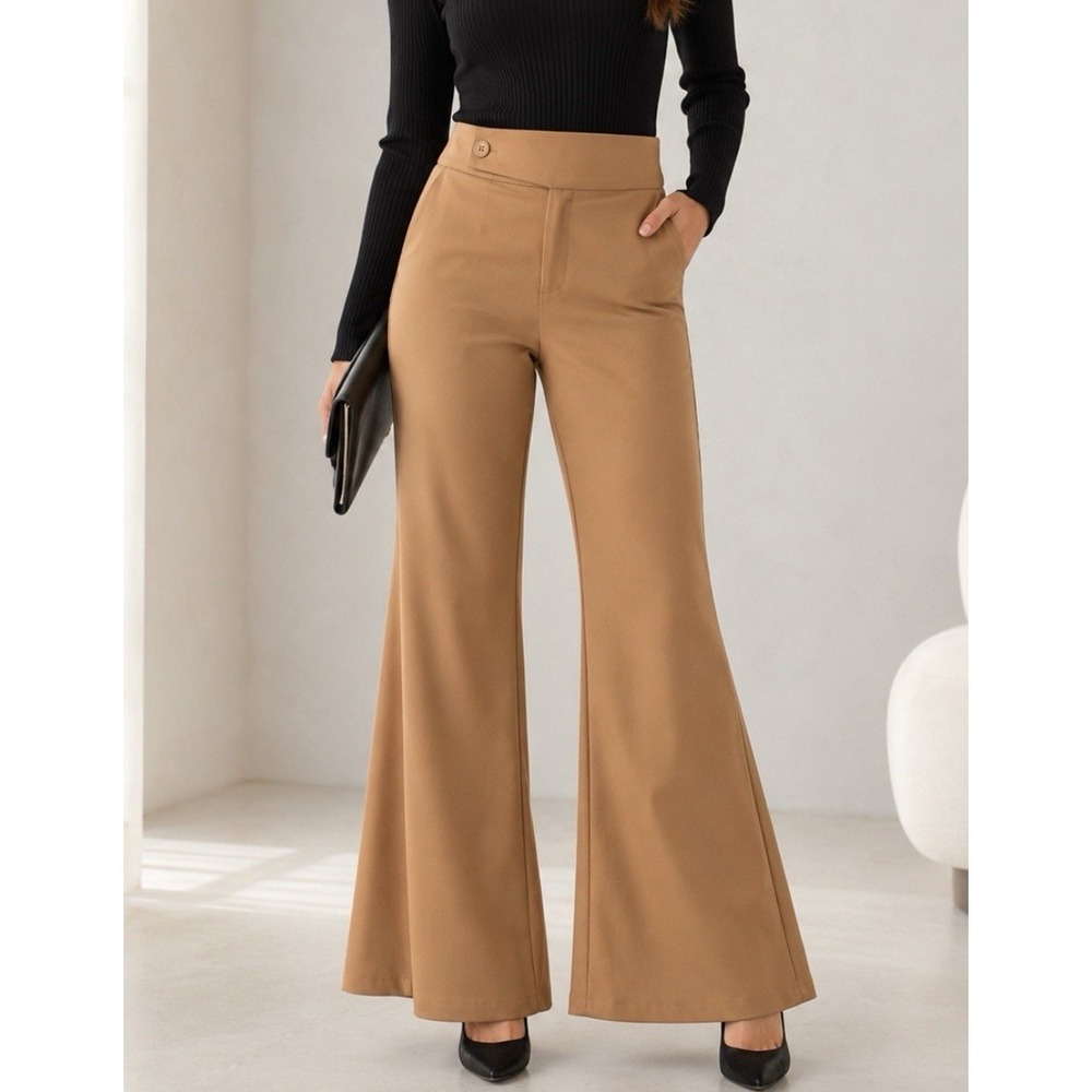 NWT Jealous Tomato Camel Sz M Asymmetric Flare Trousers High Rise Career Office